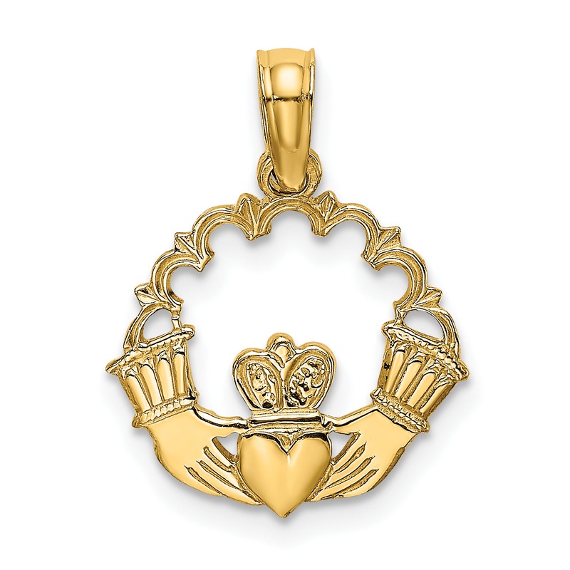 10K Yellow Gold 10K Engraved Claddagh In Scallop Circle Charm