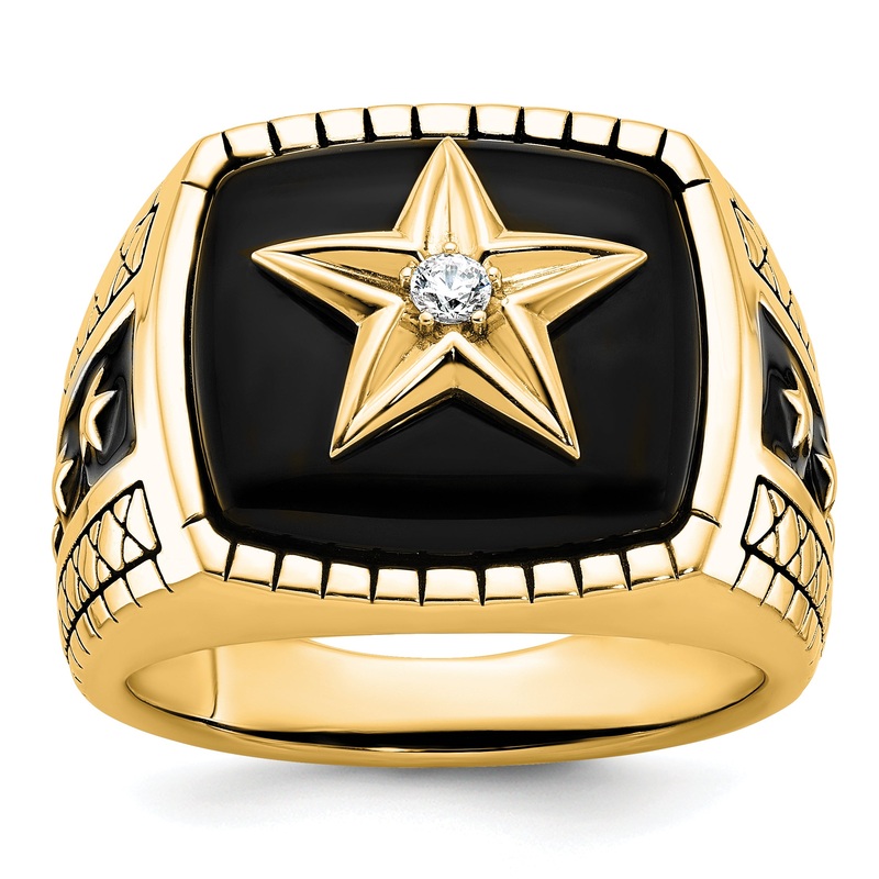 10K Yellow Gold 10K Polished And Antiqued Star Onyx Diamond Men’S Ring