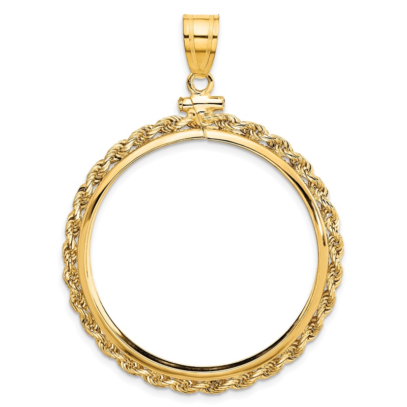 10K Yellow Gold Wideband Distinguished Coin Jewelry Polished Rope 32.7mm X 3mm Screw Top Bezel Pendant