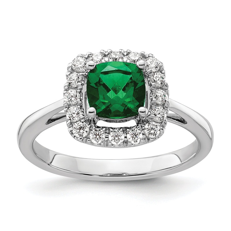 14k White Gold 1/4 Ct. Lab Grown Diamond VS/SI+ G+ May Birthstone Lab Created Emerald Halo Ring