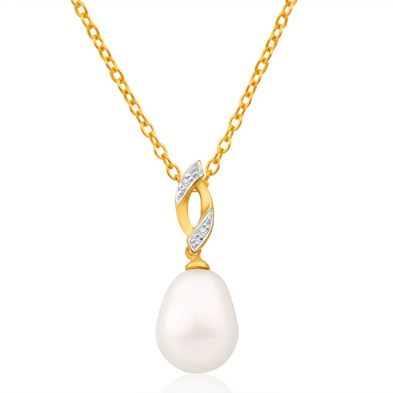 9ct Alluring Yellow Gold 9mm Freshwater Pearl and Diamond Pendant