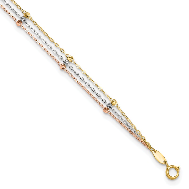 10K Tri Color Tri-Color 3-Strand Diamond-Cut Beaded 9In Plus 1In Ext Anklet