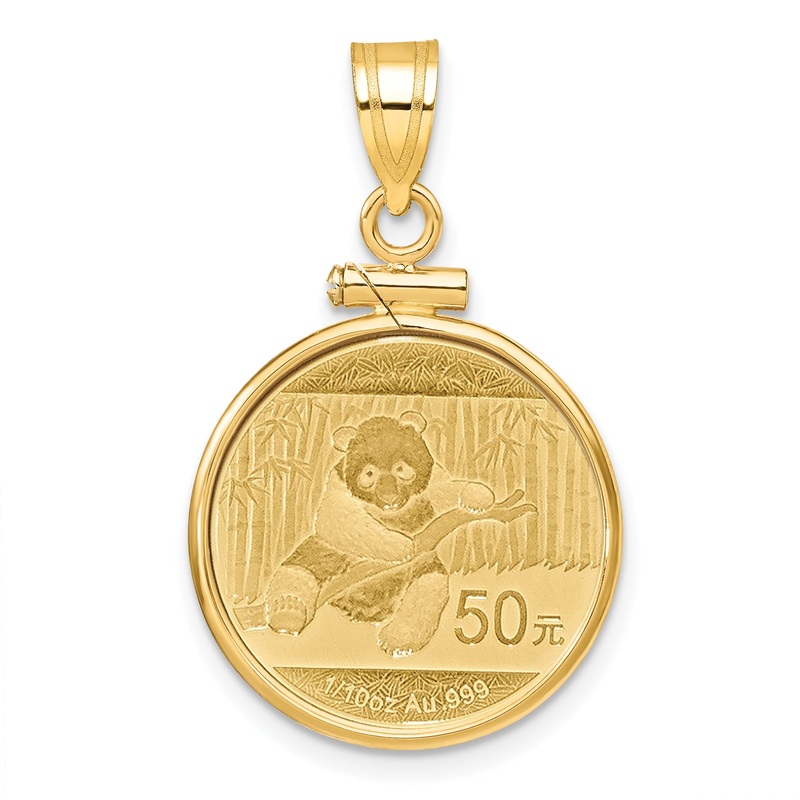 10K Yellow Gold Wideband Distinguished Coin Jewelry Polished Mounted 1/10Oz Panda Screw Top Bezel Pendant