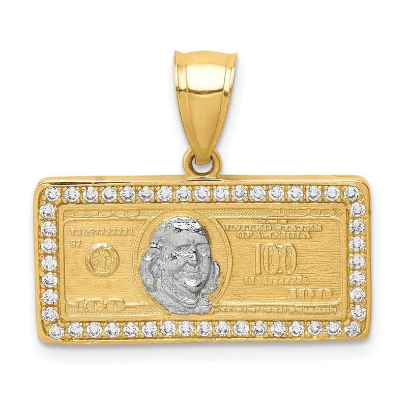 10k Yellow w/Rhodium 10K w/Rhodium CZ Micropave 100 Dollar Bill Pendant