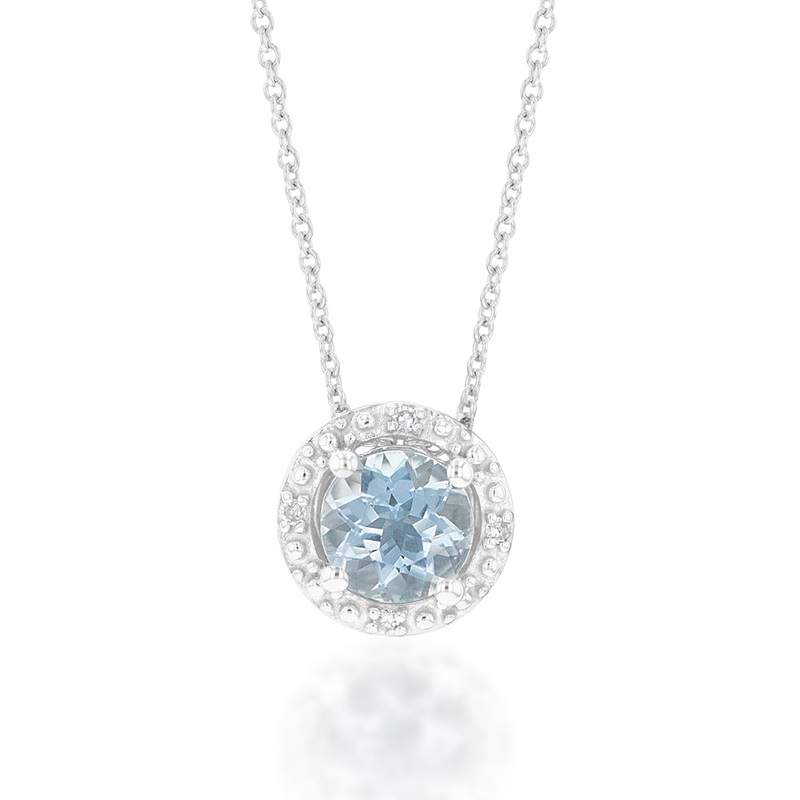 9ct White Gold 0.45ct Aquamarine and Diamond Halo Pendant on 45cm Chain