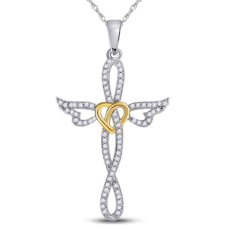 CUSTOM ORDER – 1/5 Ct. Natural Diamond Angel Winged & Heart Cross Pendant in 14K Two-toned Gold