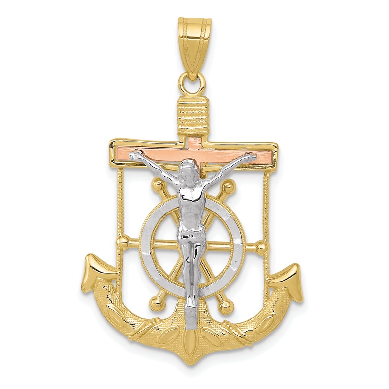 10K Tri Color Tri-Color Diamond-Cut W/Textured Mariner’S Cross Pendant
