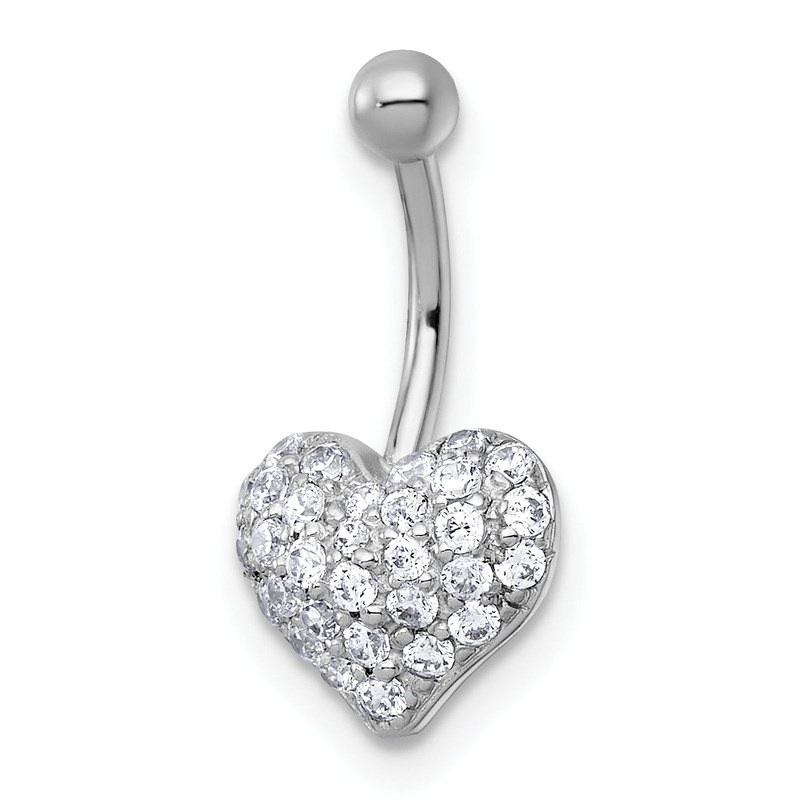 10K White Gold Polished 16 Gauge Pave Cz Heart Navel Ring