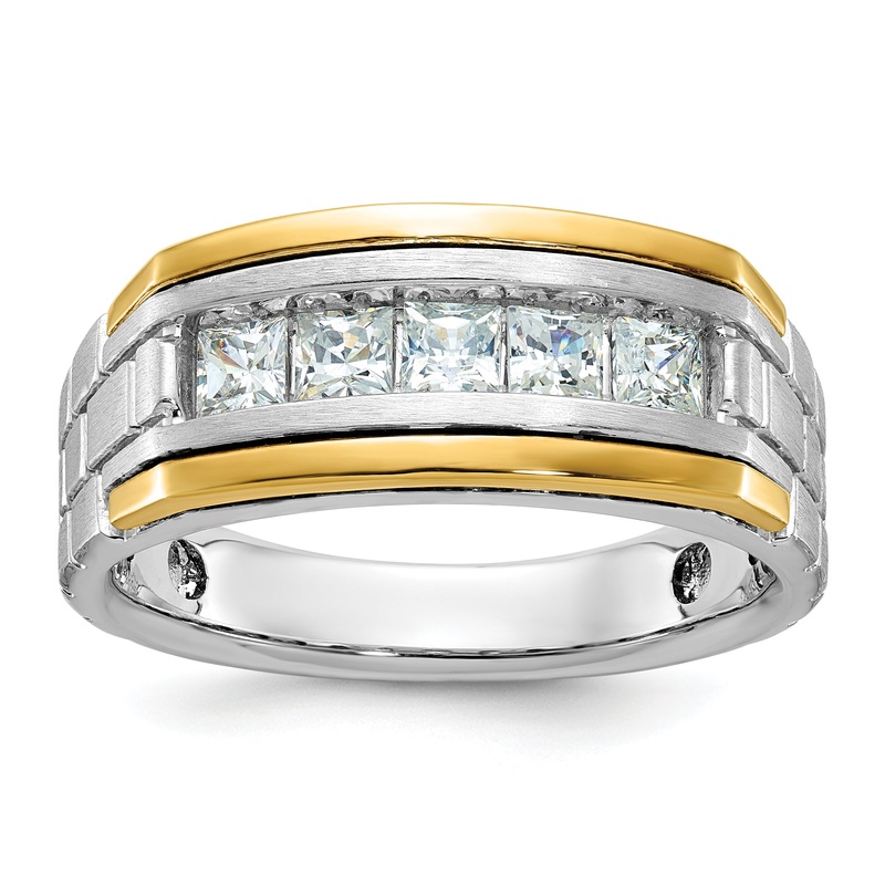 14k Two-tone Two Tone 1 Ct. Lab Grown Diamond VS/SI+ G+ Five Stone Polished Satin and Grooved Men’s Ring
