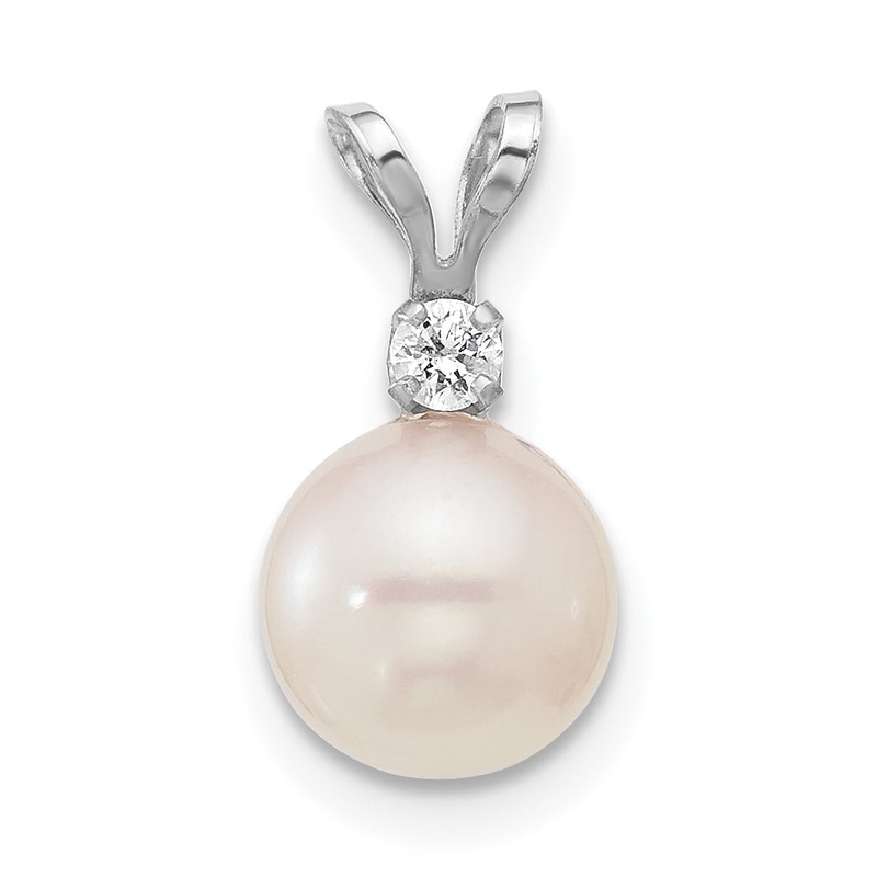 14k White Gold 14k White Gold 7-8mm White Round Akoya Saltwater Cultured Pearl and .05 Carat Diamond Pendant