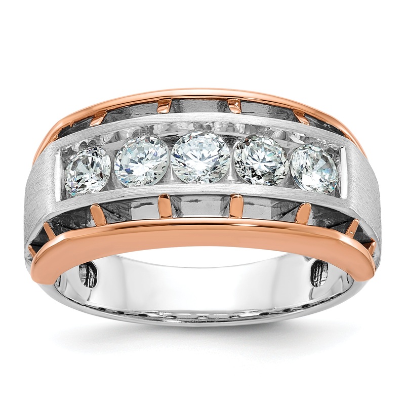 14K White/Rose Gold Two Tone Rose and White 1 Ct. Lab Grown Diamond VS/SI+ G+ Satin Five Stone Cut Out Men’s Ring