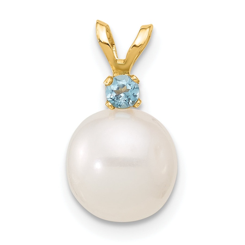 14k Yellow Gold 14k 8-8.5mm White Round Freshwater Cultured Pearl and .09BT Blue Topaz Pendant