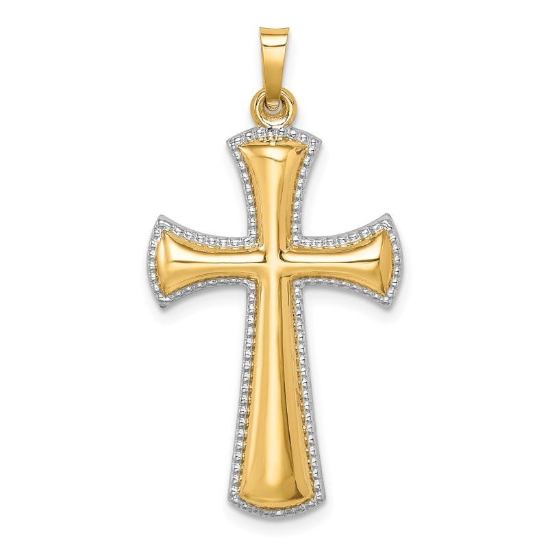 14k Yellow & Rhodium 14k Hollow Polished w/Rhodium Beaded Edge Cross