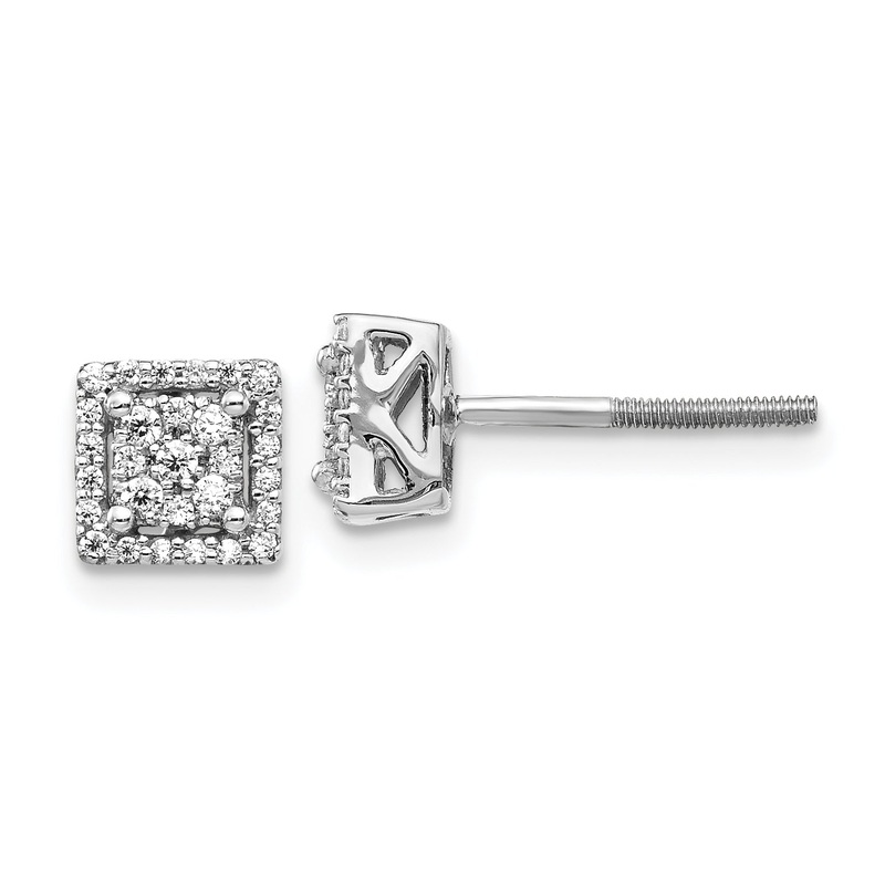 10K White Gold Diamond Square Screw Back Post Earrings