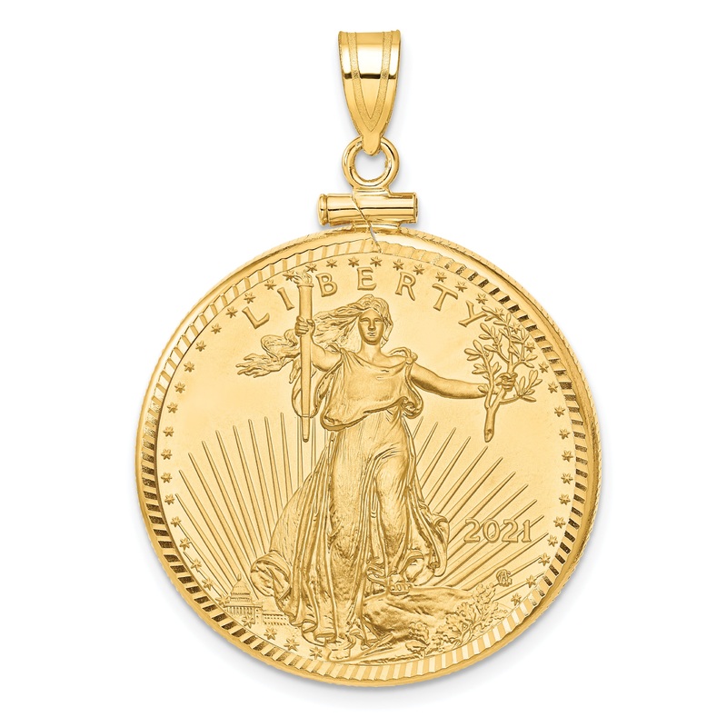 10K Yellow Gold Wideband Distinguished Coin Jewelry Polished And Diamond-Cut Mounted 1/2Oz American Eagle Screw Top Bezel Pendant