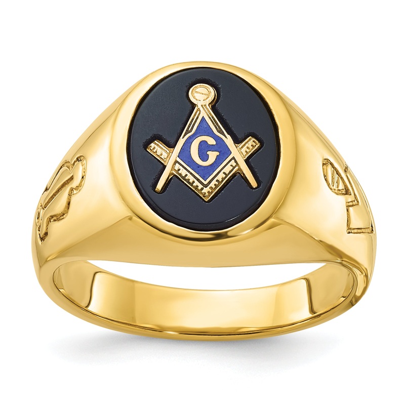 10K Yellow Gold Ibgoodman Men’S Polished And Grooved With Oval Onyx Blue Lodge Master Masonic Ring