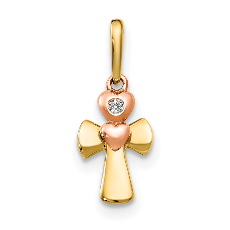 14k Two-tone 14k Yellow and Rose Gold CZ Children’s Cross Heart Pendant