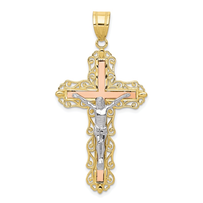 10K Tri Color 10K Tri-Color Diamond-Cut Crucifix Pendant