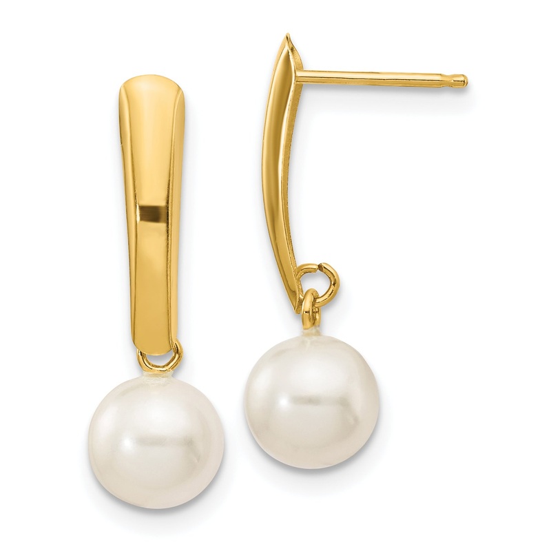 10K Yellow Gold 10K 6-7mm White Round Freshwater Cultured Pearl Post Dangle Earrings