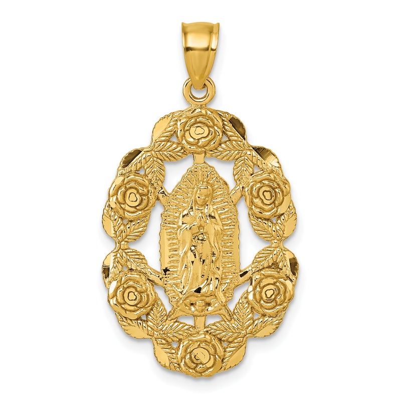 10K Yellow Gold Polished Diamond-Cut Our Lady Of Guadalupe With Flowers Medal Pendant