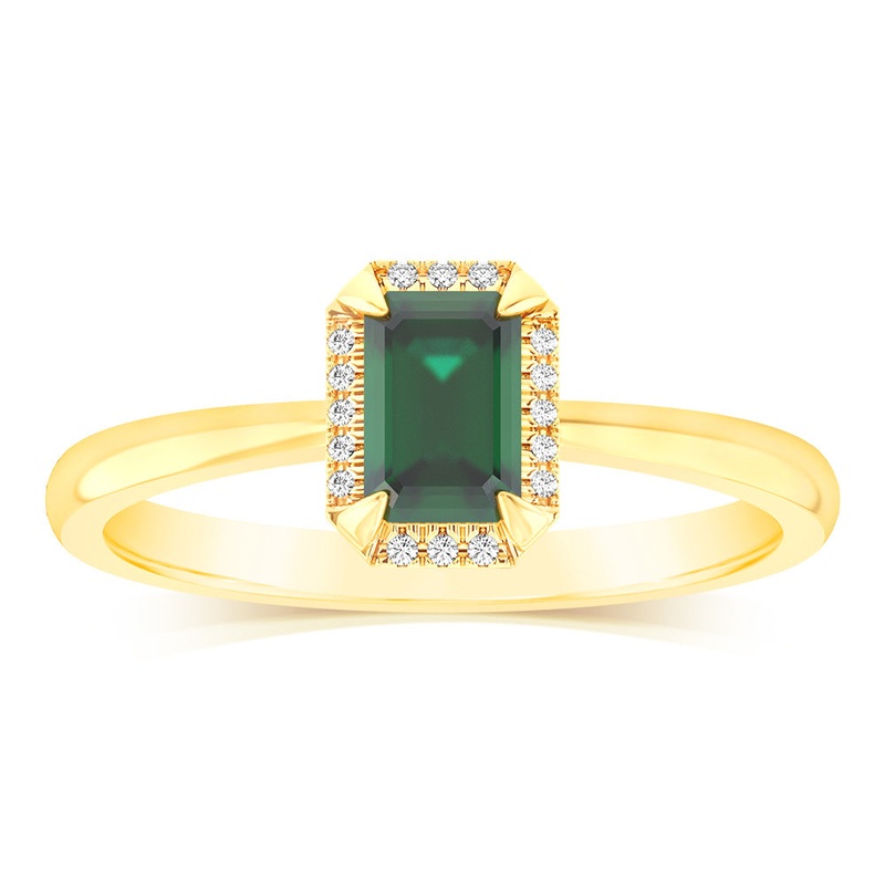 Created Emerald and Diamond Ring in 9ct Yellow Gold