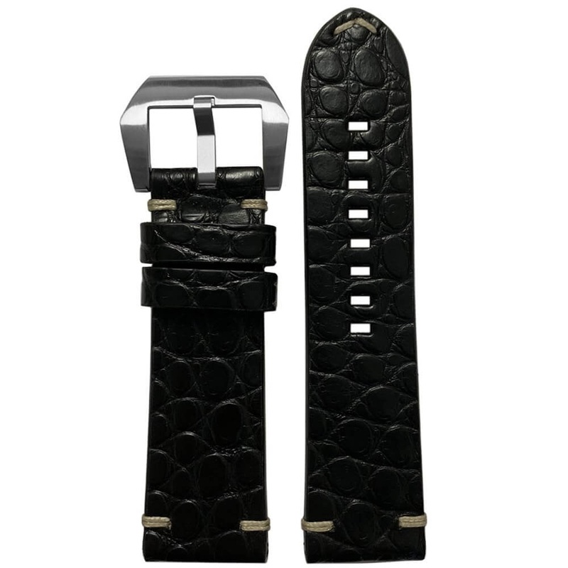 Alligator Watch Band | Flank Cut | Flat | Black | Minimal Stitch