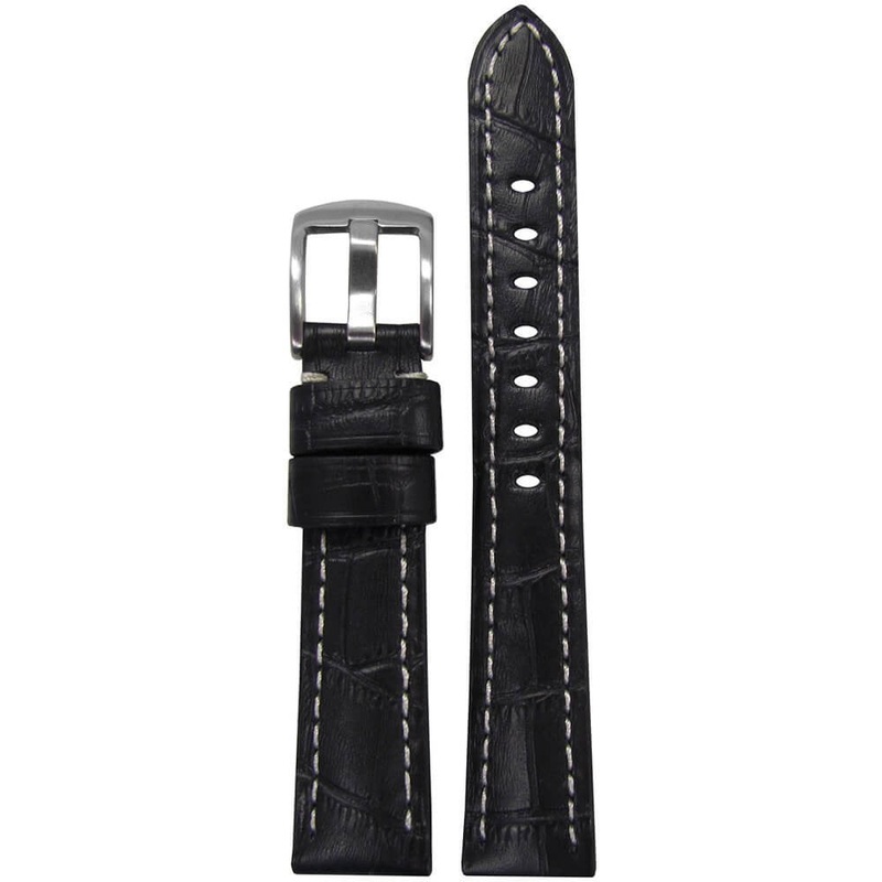 Embossed Leather Gator Print Watch Band | Padded | Black | White Stitch