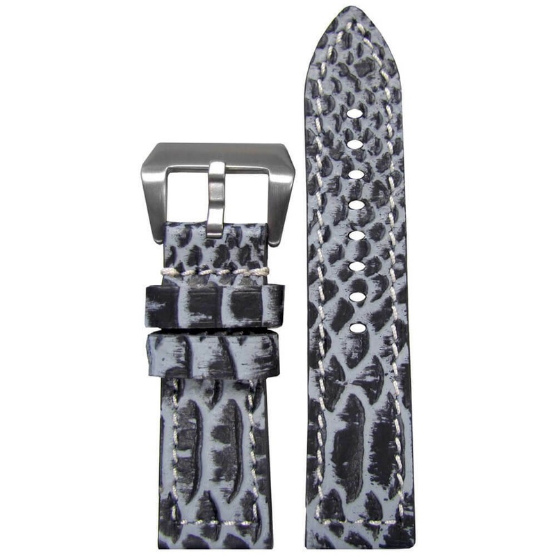 Embossed Leather Python Print Watch Band | Flat | Blue | White Stitch