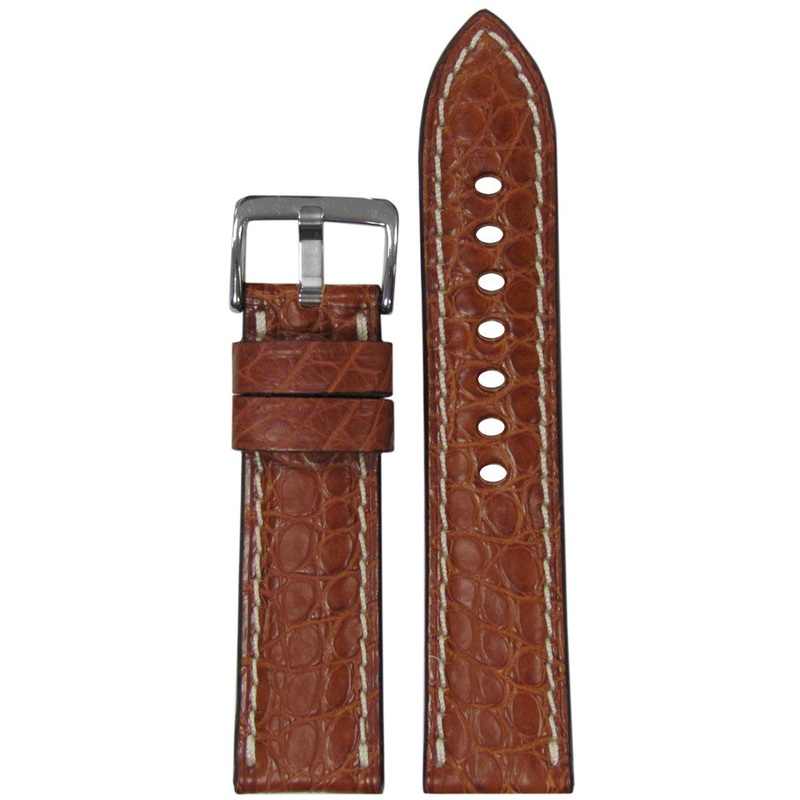 Genuine Alligator Watch Band | Padded | Flank Cut | Cognac | White Stitch