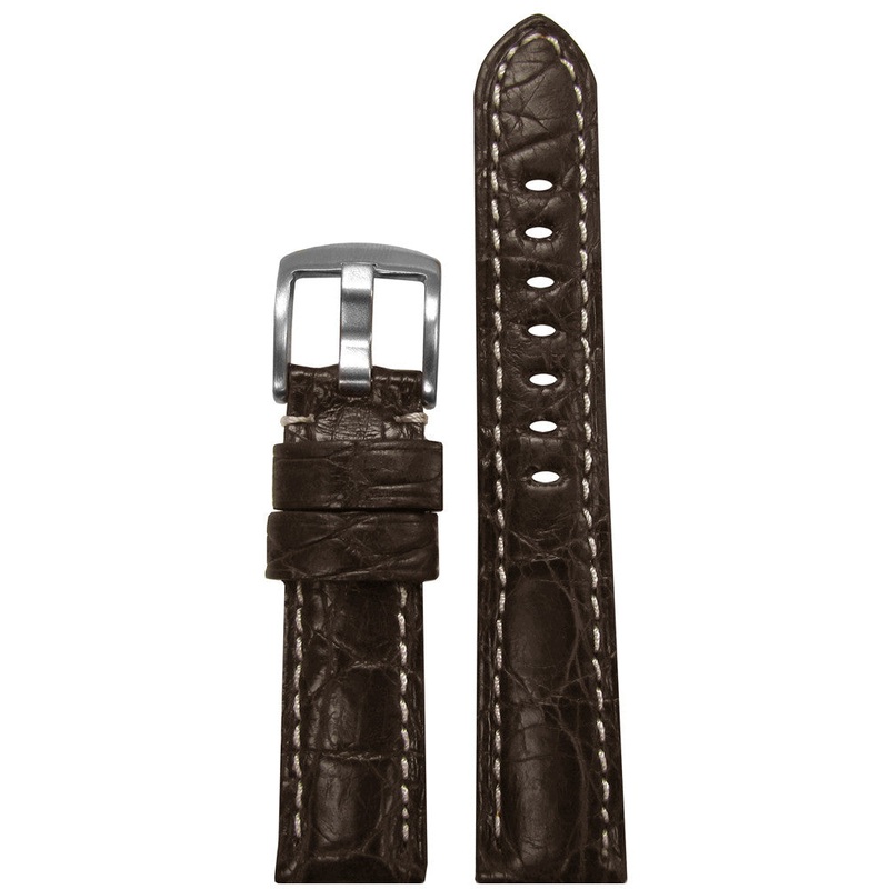 Genuine Crocodile Skin Watch Band | Padded | Matte Finish | Brown | White Stitch