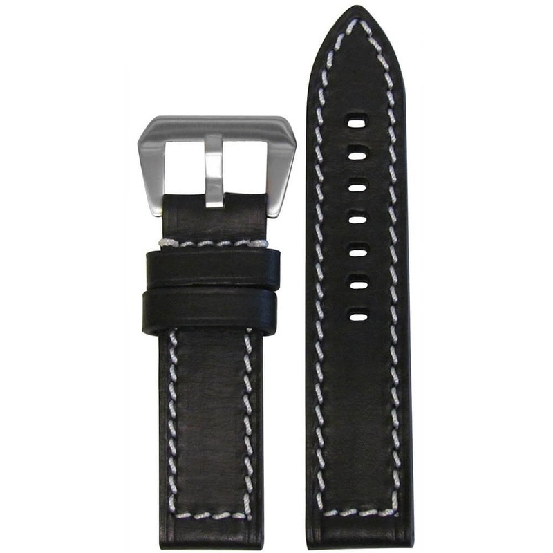 HZ Vintage Leather Watch Band | Flat | Black | White Stitch