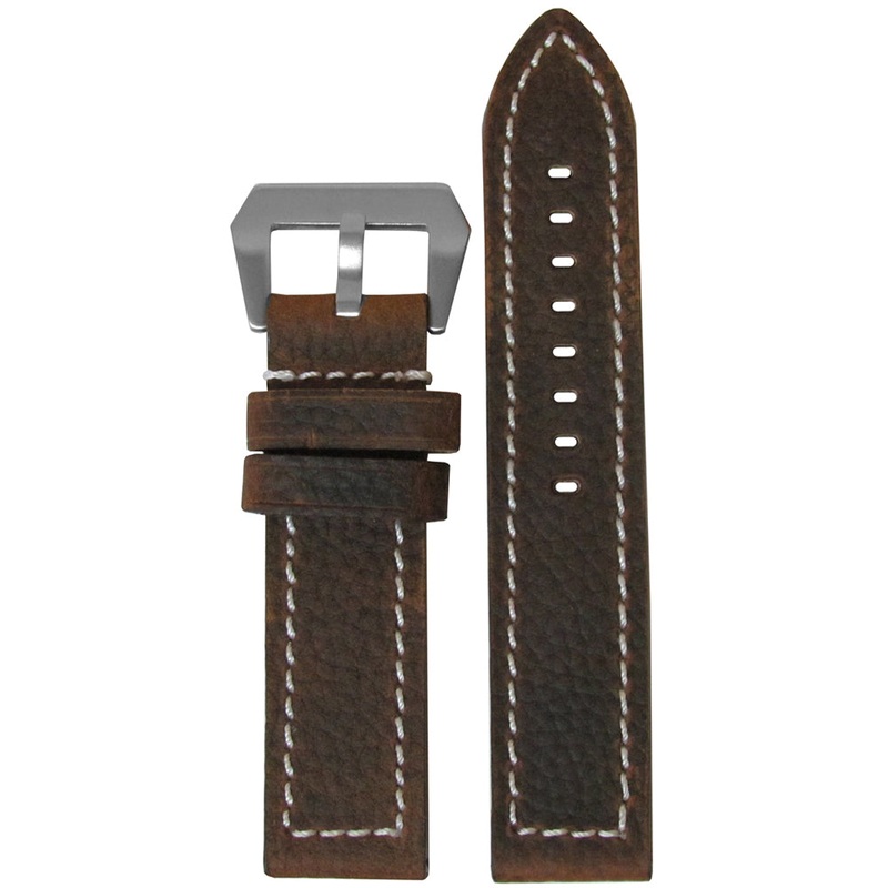 Vintage Buffalo Deep Oil Leather Watch Band | Flat | Brown | White Stitch