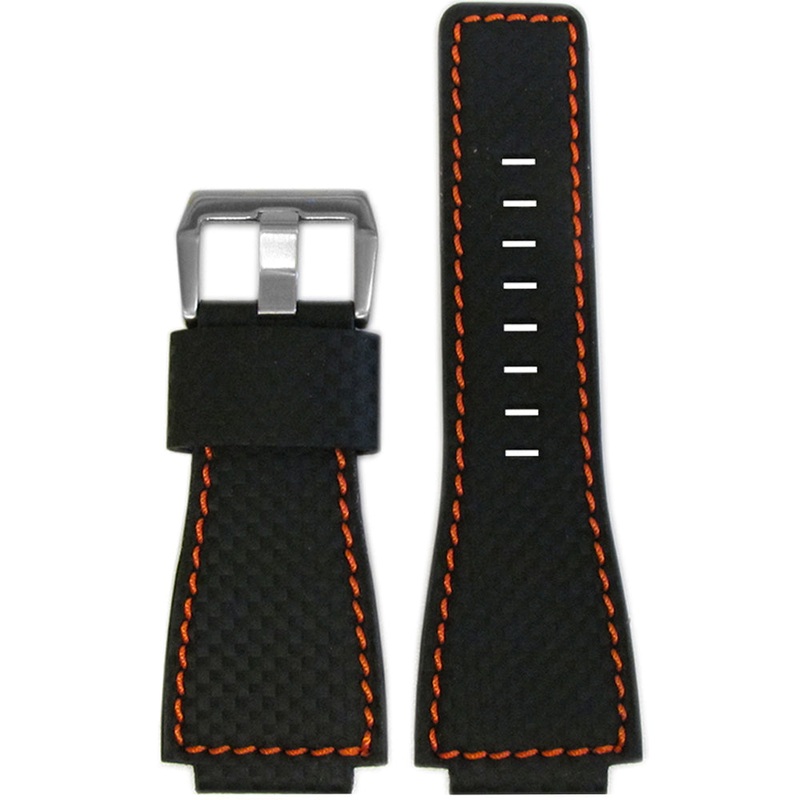 Black Carbon Fiber Style Watch Band | Orange Stitching | For Bell & Ross