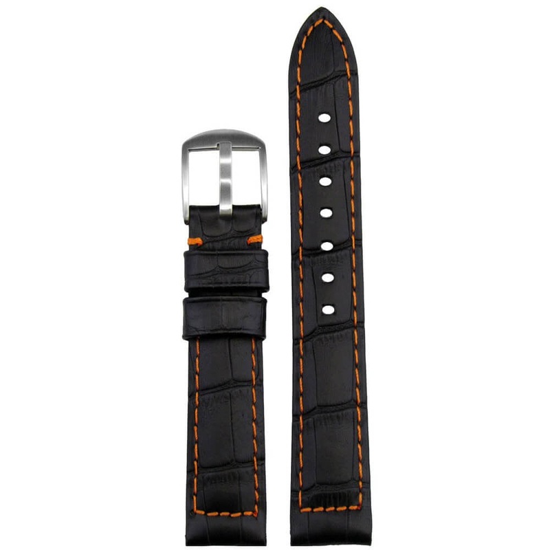 Black Embossed Leather Gator Print Watch Band | Padded | Orange Stitch + Lining
