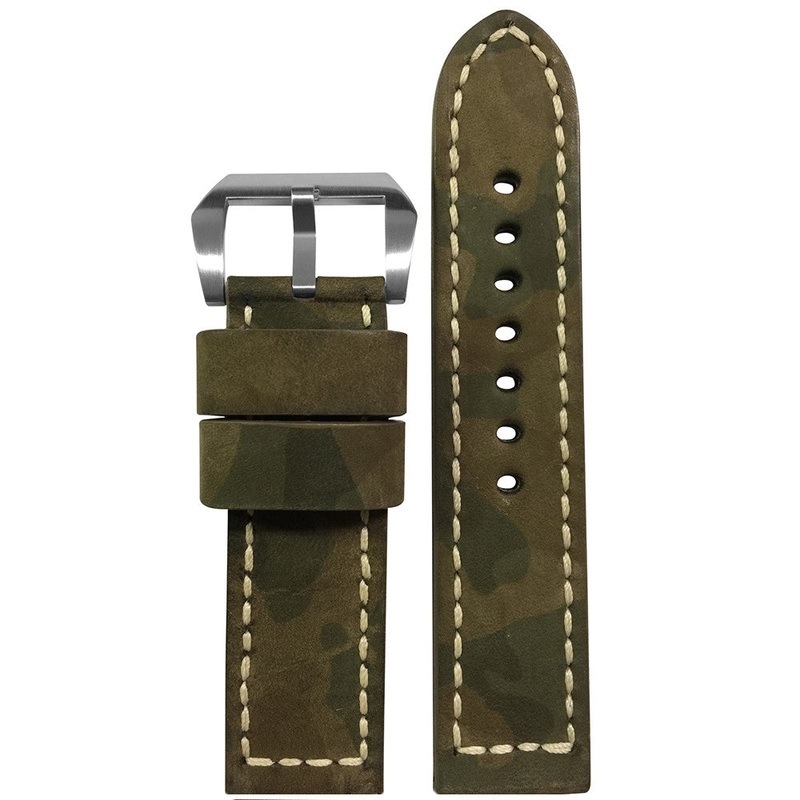 Camo Leather Watch Band | Flat | Classic Olive Camouflage | White Stitch