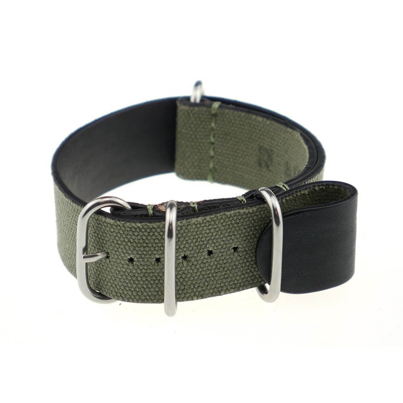 Canvas Watch Band | Sofia | One-Piece | 4 Polished Rings | Olive Drab