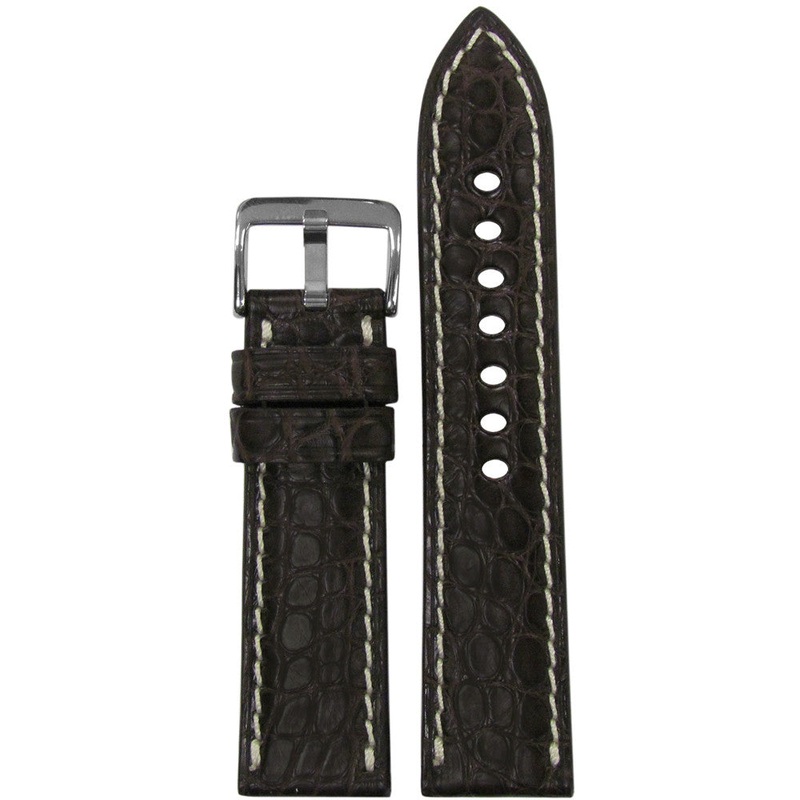 Genuine Alligator Watch Band | Padded | Flank Cut | Mocha | White Stitch