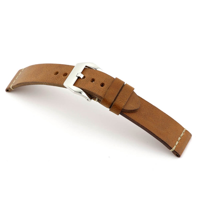 Genuine Vintage Leather Watch Band | Birmingham | Cognac | White Minimal Stitch