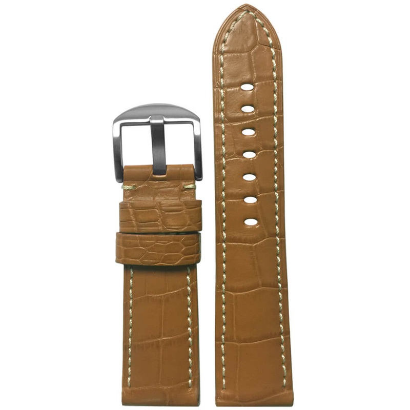Louisiana Alligator Watch Band | Matte Finish | Padded | Honey-Tan | White Stitch