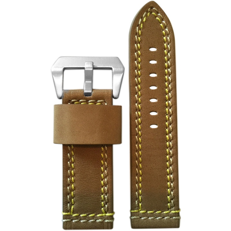 Soft Vintage Leather “Arrow” Watch Band | Light Brown | Yellow and White Stitch