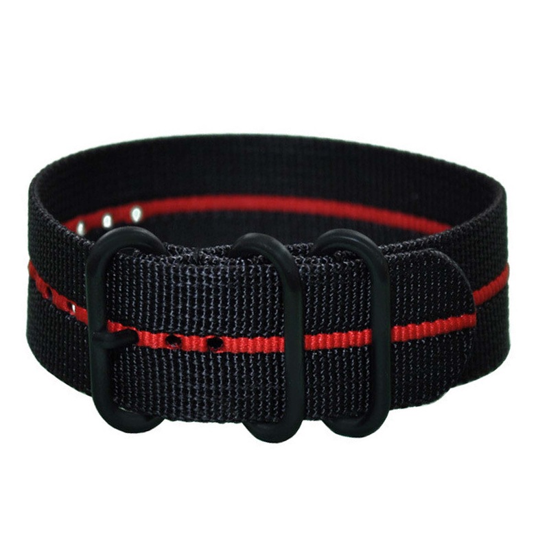 Ballistic Nylon Watch Band | 3 Ring | Black | Red Stripe | PVD (Black) Hardware