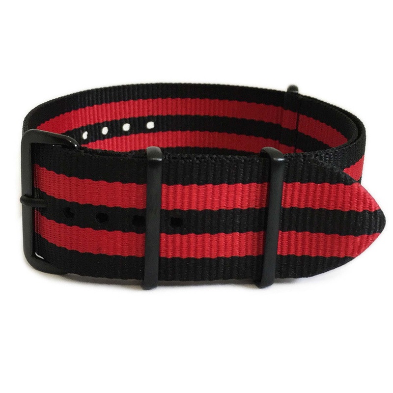Ballistic Nylon Watch Band | 4 Square Ring | Double Red Stripe | PVD (Black) Hardware