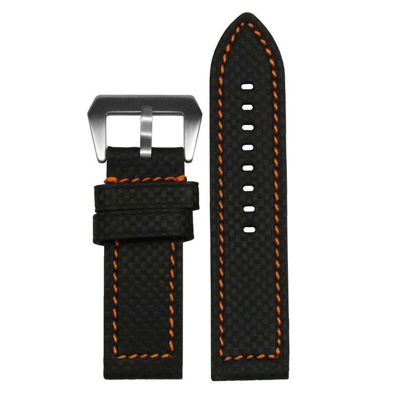 Carbon Fiber Style Watch Band | Flat | Coramid | Black | Orange Stitch