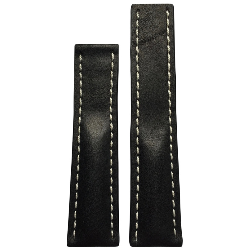 Vintage Leather Watch Band | Black | White Stitch | For Breitling Deploy
