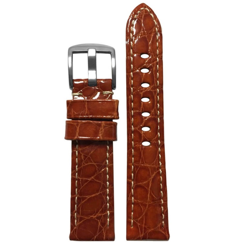Genuine Crocodile Skin Watch Band | Padded | Glossy Finish | Rou | White Stitch