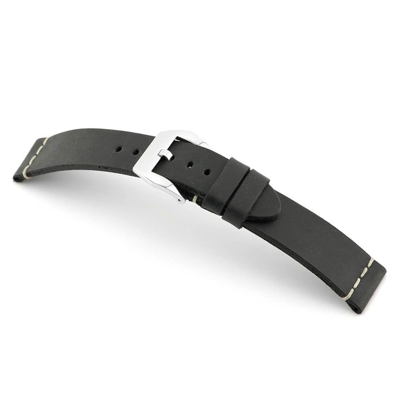 Genuine Vintage Leather Watch Band | Birmingham | Black | White Minimal Stitch