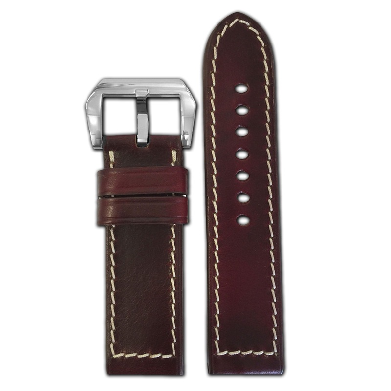 Horween Leather Watch Band | Chromexcel | Dark Burgundy | White Stitch