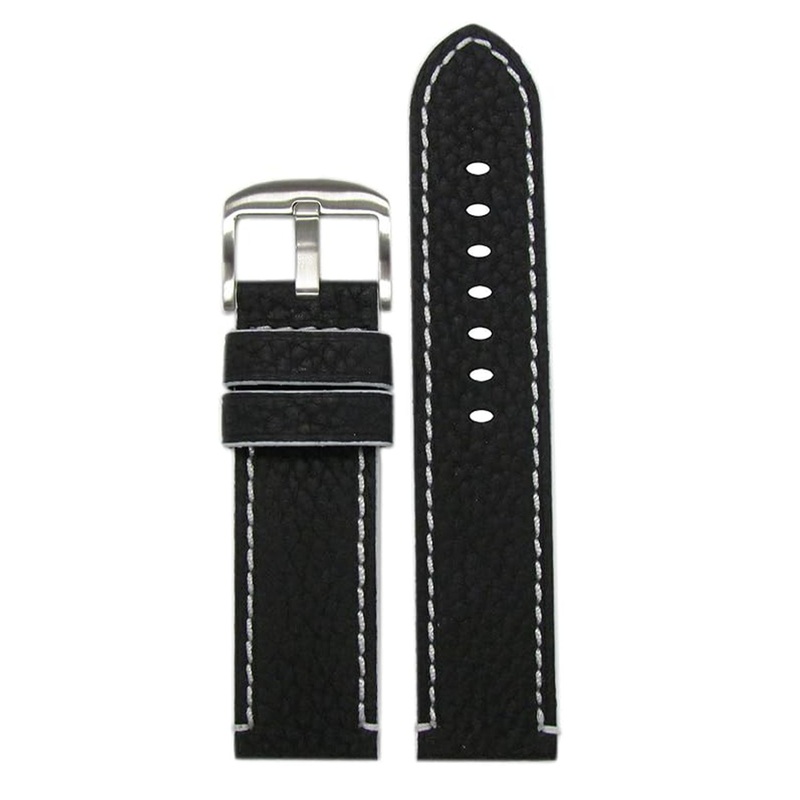 Quick Release | Genuine Crushed Leather Grain Watch Band | Black | White Stitching