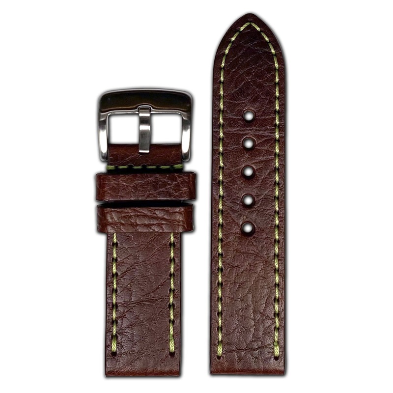 Quick Release | Pebble Grain Leather Watch Band | Dark Brown | Green Stitch
