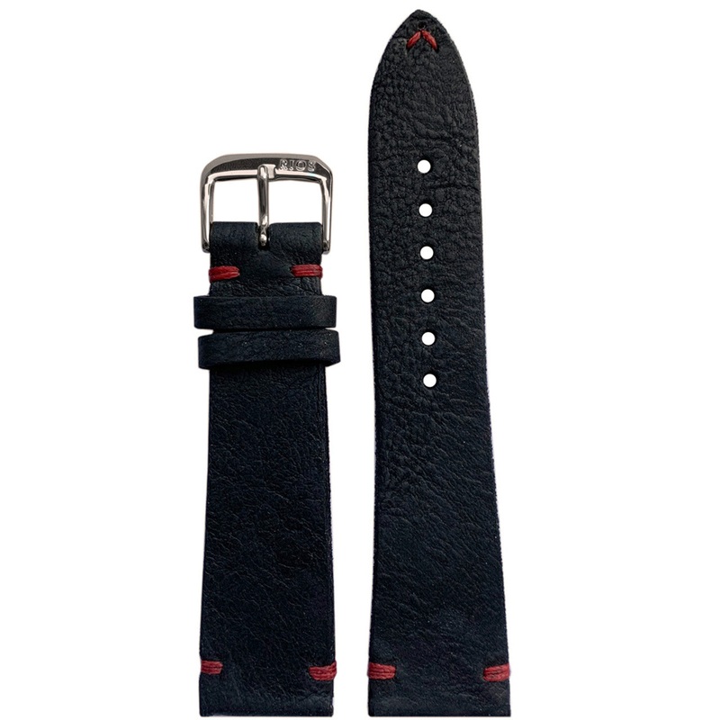 Vintage Leather Watch Band | Black | Red Minimal Hand Stitch
